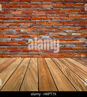 Room interior vintage with red brick wall and wood floor background. Vector illustration. Stock Vector