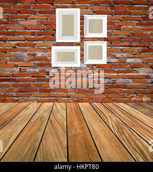 Room interior vintage with red brick wall and wood floor background. Vector illustration. Stock Vector