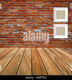 Room interior vintage with red brick wall and wood floor background. Vector illustration. Stock Vector