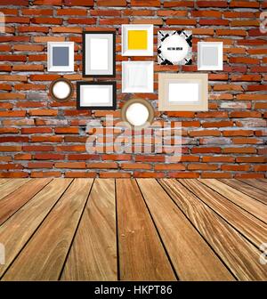 Room interior vintage with red brick wall and wood floor background. Vector illustration. Stock Vector