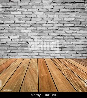 Room interior vintage with red brick wall and wood floor background. Vector illustration. Stock Vector