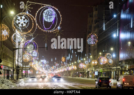 BUCHAREST, ROMANIA - JANUARY 08, 2017: Hard Traffic During Winter Snow Storm In Downtown Bucharest City. Stock Photo