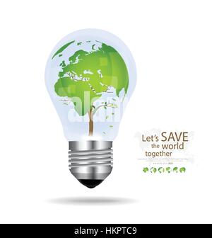 Save the world, Light bulb with tree shaped world map inside. Vector illustration. Stock Vector