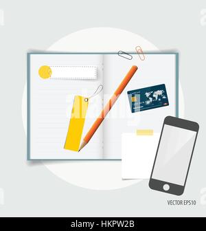 Top view of business items, various papers, paper designs ready for your message and laptop. Vector Illustration. Stock Vector