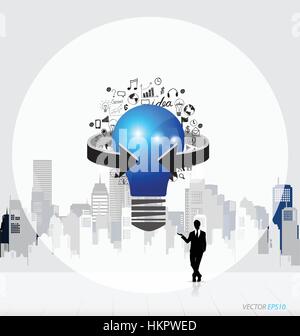 Business people silhouettes and light bulb as inspiration concept with drawing chart and graphs business strategy plan concept idea (building backgrou Stock Vector