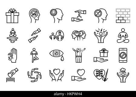 Conscious Living and Friends Relations Thin Line Related Icons Set on White Background. Simple Mono Linear Pictogram Pack Stroke Vector Logo Concept f Stock Vector
