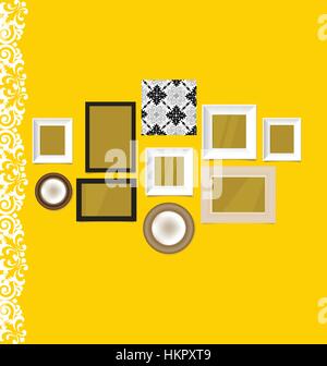 Vintage frames on yellow wall, vector illustration. Stock Vector