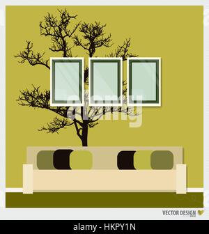 Three empty frames on a wall and Decorative Wall Stickers For Your House's Interiors. Vector illustration. Stock Vector
