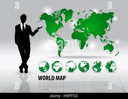 Businessman showing world map and modern green globes, vector illustration Stock Vector