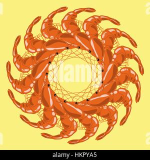 Cooked Red Shrimps Isolated on Yellow Background Stock Vector