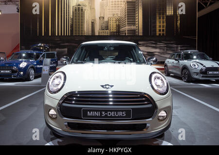 AMSTERDAM - APRIL 16, 2015: Three door Mini Cooper at the AutoRAI 2015. Stock Photo