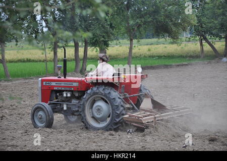 Farmer ploughing the fields on a tractor in the evening Stock Photo