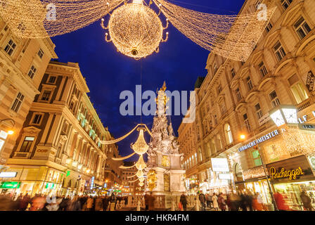 Wien, Vienna: Pedestrian zone Graben with Plague Column at Christmas decoration, 01. Old Town, Wien, Austria Stock Photo