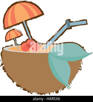 coconut cocktail umbrella straw drink refreshment color sketch Stock Vector