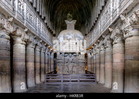 Dagoba Buddhist statue in the Cave 26 prayer hall in the Ajanta Caves Unesco World Heritage Site, India, dating from the 5th Century AD Stock Photo