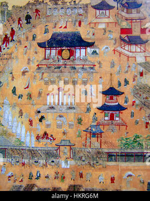 This detail from the Chinkoji Sankei Mandala illustrates the intricate designs and religious symbolism of Japanese Buddhist art. The mandala represents the spiritual journey, with elaborate patterns and figures that reflect Buddhist teachings. Stock Photo
