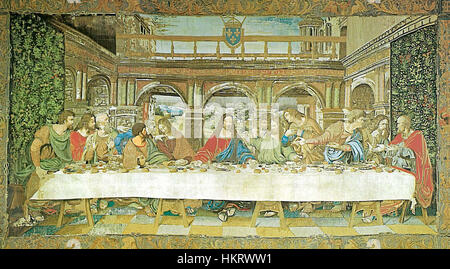 A tapestry titled 'Das Abendmahl' (The Last Supper), representing the biblical scene of the Last Supper, an important religious and artistic depiction in Christian art. Stock Photo
