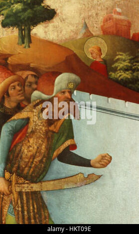 This detailed artwork of the *Miracle at the Wall* from the Barbara Altar depicts a religious scene illustrating a miracle associated with St. Barbara. The altar is known for its intricate design and is an example of medieval European religious art. Stock Photo