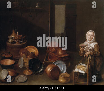 Dutch 17th century Kitchen interior with an old woman Stock Photo