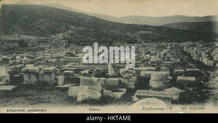 This 1909 image or illustration of Epidauros depicts the famous ancient Greek site, known for its well-preserved theatre and historical significance in medicine and healing. Epidauros was a sanctuary dedicated to Asclepius, the god of healing. Stock Photo
