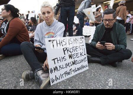 Los Angeles, California, USA. 29th Jan, 2017. Protesters speak out against a ''Muslim Ban'' that prevents travel into the U.S. from seven majority Muslim nations. Credit: Mariel Calloway/ZUMA Wire/Alamy Live News