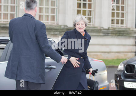 Cardiff, Wales, UK, January 30th 2017. UK Prime Minister Theresa May arrives at Cardiff City Hall for Brexit talks with devolved government leaders.   Credit: Mark Hawkins/Alamy Live News Stock Photo