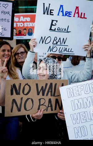 San Diego, USA. 29th Jan, 2017. A muslim woman came to Lindbergh field to protest Donald Trump's travel ban, in January 2017. | usage worldwide Credit: dpa/Alamy Live News Stock Photo