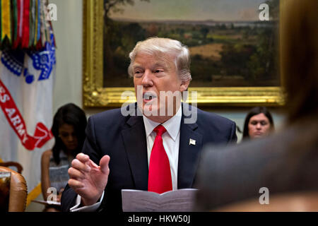 Washington, DC, USA. 30th Jan, 2017. U.S. President Donald Trump speaks as he meets with small business leaders in the Roosevelt Room of the White House in Washington, DC, U.S., on Monday, Jan. 30, 2017. Credit: MediaPunch Inc/Alamy Live News Stock Photo