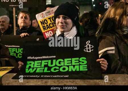 London, UK. 30th Jan, 2017. Thousands of protesters gathered outside Downing Street to protest against the Muslim travel ban imposed by President Donald Trump Credit: amer ghazzal/Alamy Live News Stock Photo