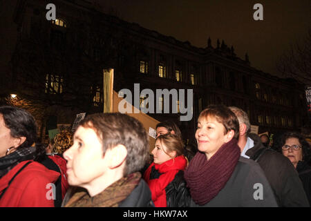 London, UK. 30th January 2017. Thousands protest outside Downing Street against US President Trump's proposed state visit to the UK and his executive order to ban Muslims entering America from certain countries. Caroline Lucas, Green party MP for Brighton and Hove on Whitehall. Credit: claire doherty/Alamy Live News Stock Photo