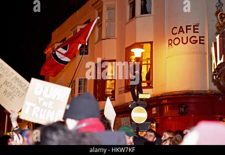 Brighton, UK. 30th January, 2017. Thousands of people take to the streets in Brighton as they take part in an Anti-Trump protest. The protest is against American President Donald Trump's executive order to ban people from seven majority Muslim countries including Iraq, Iran and Somalia from entering the USA. Credit: Simon Dack/Alamy Live News Stock Photo