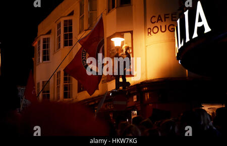 Brighton, UK. 30th January, 2017. Thousands of people take to the streets in Brighton as they take part in an Anti-Trump protest. The protest is against American President Donald Trump's executive order to ban people from seven majority Muslim countries including Iraq, Iran and Somalia from entering the USA. Credit: Simon Dack/Alamy Live News Stock Photo