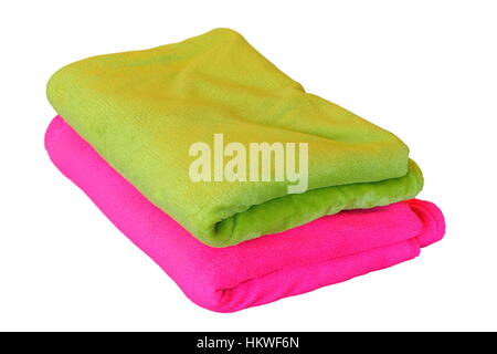 two blankets isolated over white background, green and pink Stock Photo