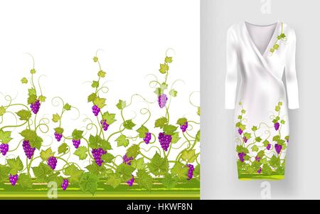 Vector pattern of vines with leaves and berries on classic women's dress mockup. Stock Vector