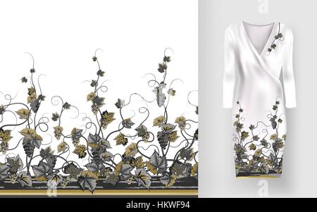 Vector pattern of vines with leaves and berries on classic women's dress mockup. Stock Vector
