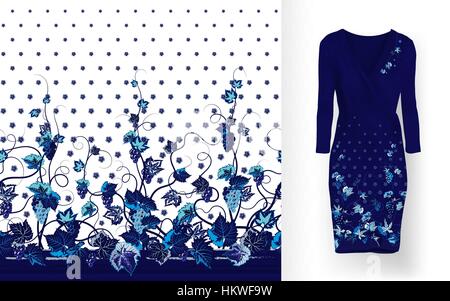 Vector pattern of vines with leaves and berries on classic women's dress mockup. Stock Vector