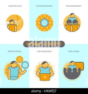 Line icon with flat design elements of business concepts, increased sales, system integration, team management, precise control, time management, team leading. Modern vector pictogram. Stock Vector