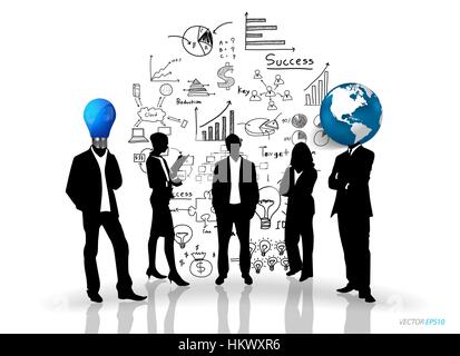 Globe head man, bulb head man and business people silhouettes standing in abstract business background. Vector illustration. Stock Vector