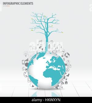 Tree on modern world globe with application icon, modern template design. Vector illustration. Stock Vector