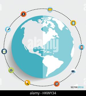 Modern globe with application icons, Business working elements for web design, seo optimizations, mobile app, social networks. Modern Flat design icon Stock Vector