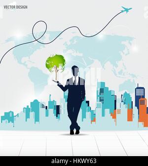 Businessman showing Tree shaped world map with building background. Vector illustration. Stock Vector