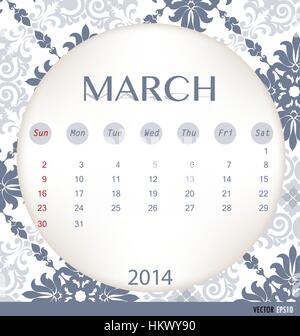 2014 calendar, vintage calendar template for March. Vector illustration. Stock Vector