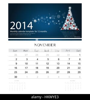 2014 calendar, monthly calendar template for November (Christmas tree design). Vector illustration. Stock Vector