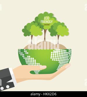 ECO FRIENDLY. Ecology concept with Green Eco Earth and Trees. Vector illustration. Stock Vector