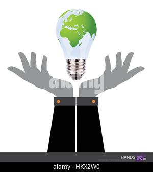 Business people holding an electric light bulb with a world map. Vector EPS10 Stock Vector