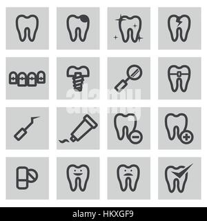 Vector line teeth icons set on grey background Stock Vector