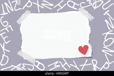 Ripped white ruled note, notebook, copybook paper stuck on gray squared pattern created of alphabet letters Stock Vector