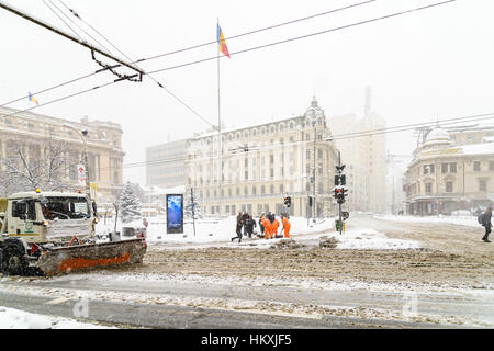 BUCHAREST, ROMANIA - JANUARY 06, 2017: Strong Blizzard Storm Covering In Snow The Downtown Of Bucharest City. Stock Photo