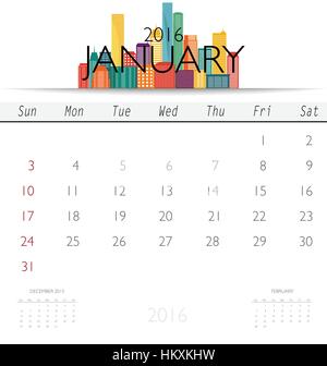 2016 calendar with Creative building design template, monthly calendar for January. Vector illustration. Stock Vector