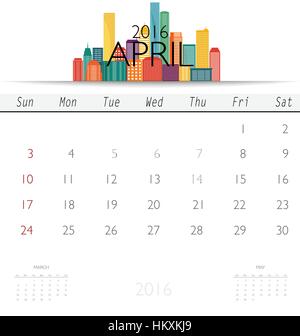 2016 calendar with Creative building design template, monthly calendar for April. Vector illustration. Stock Vector